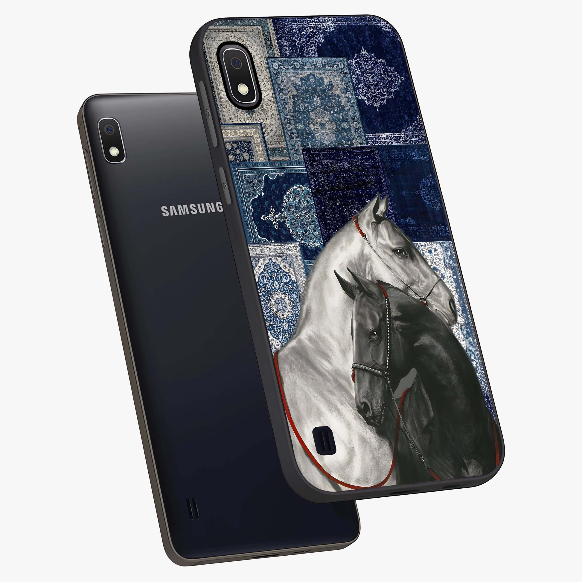 Midnight Stallion Blues Glass Case displayed in angled mockup highlighting powerful stallion illustration with deep midnight tones.