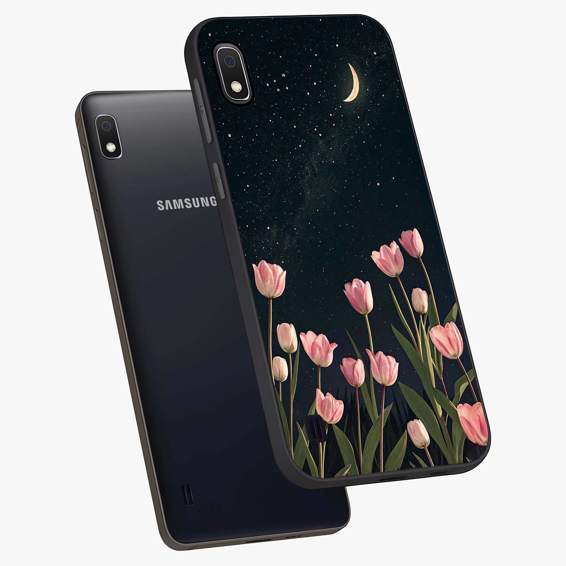 Midnight Tulip Whispers Vibe Glass Case displayed in angled mockup highlighting delicate tulip design with midnight floral aesthetic.