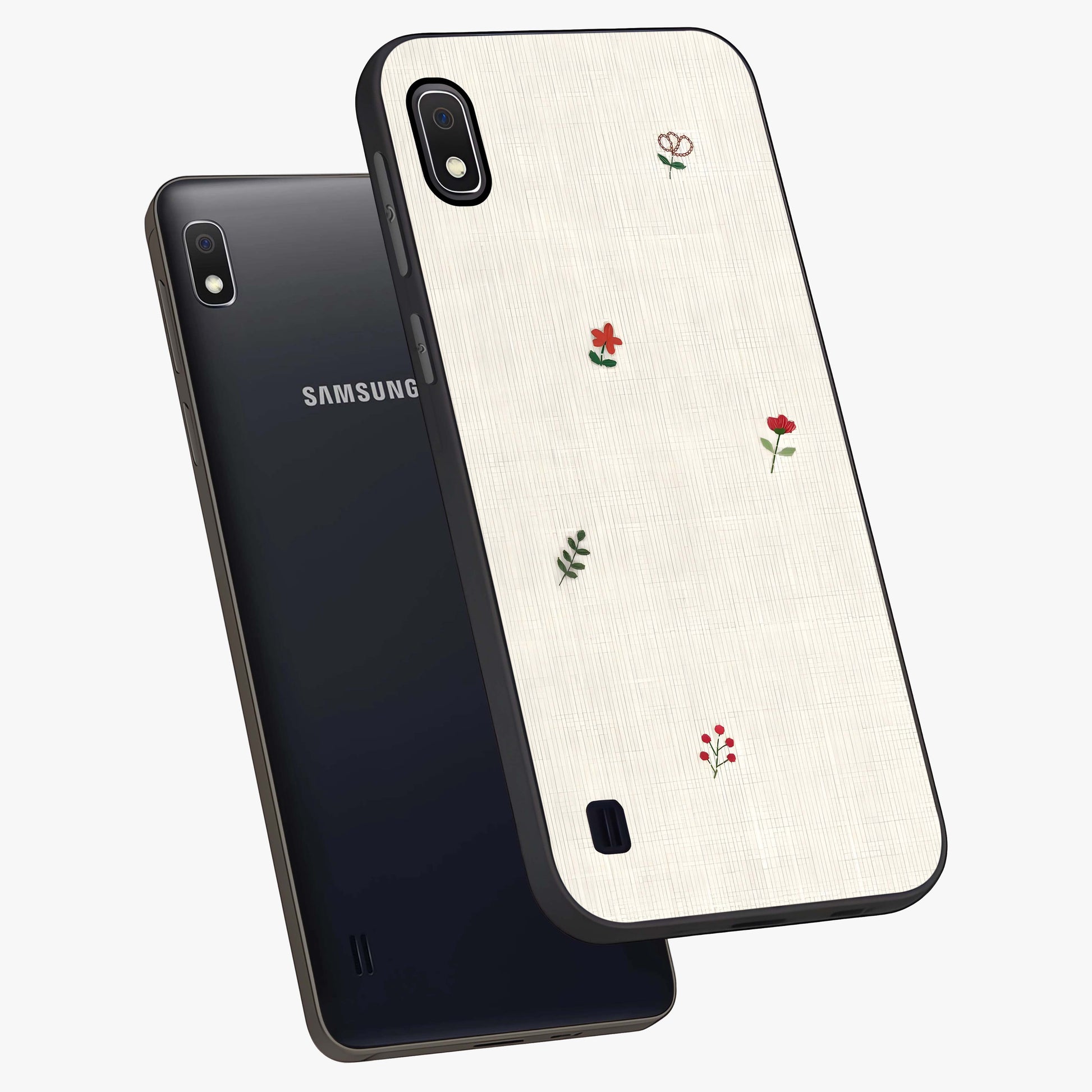 Minimalistic Blue With White Flower Pattern Glass Case displayed in angled mockup highlighting simple floral design with minimal aesthetic.