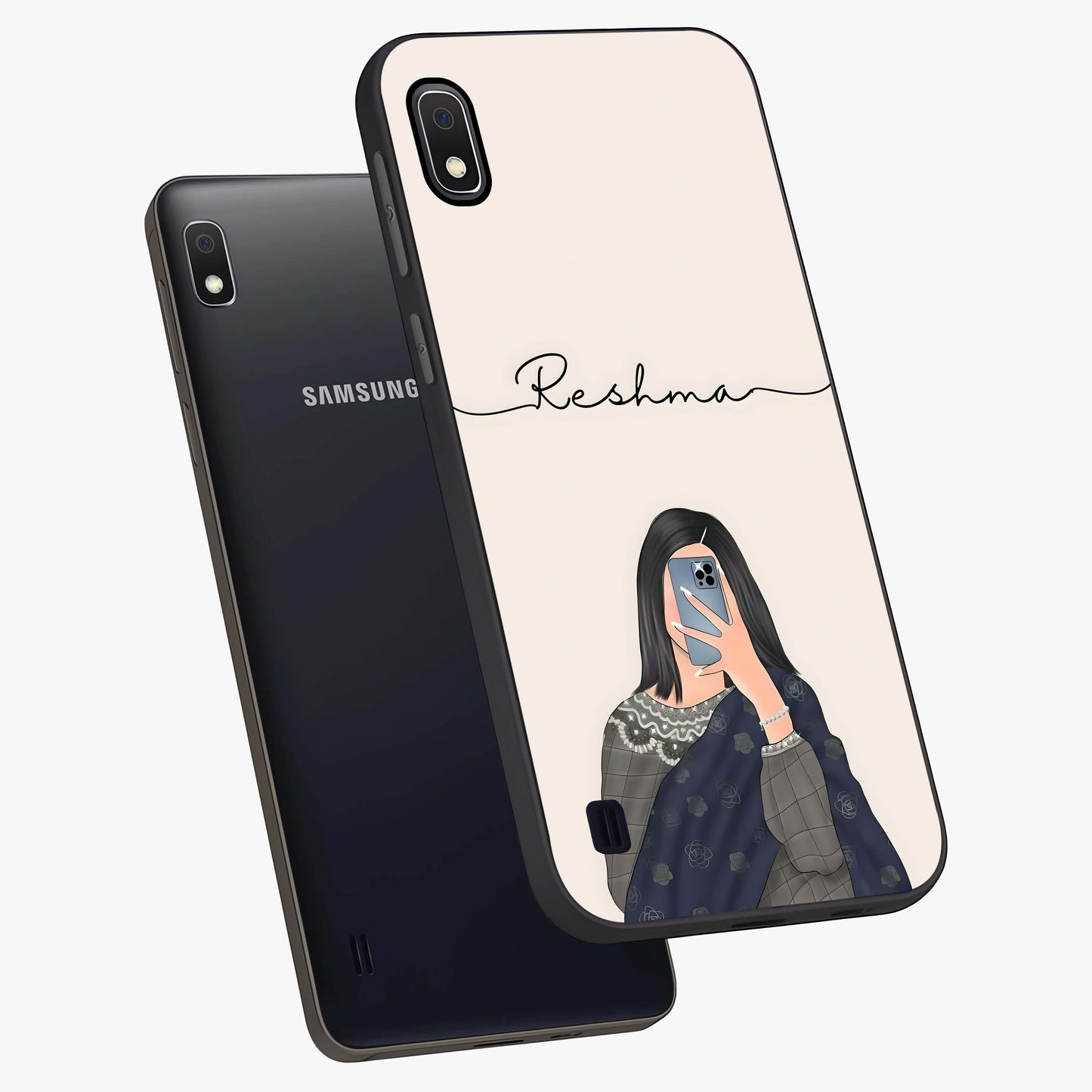 Mirror Mood Muse With Custom Name Glass Case displayed in angled mockup highlighting aesthetic mirror inspired design with custom name feature.