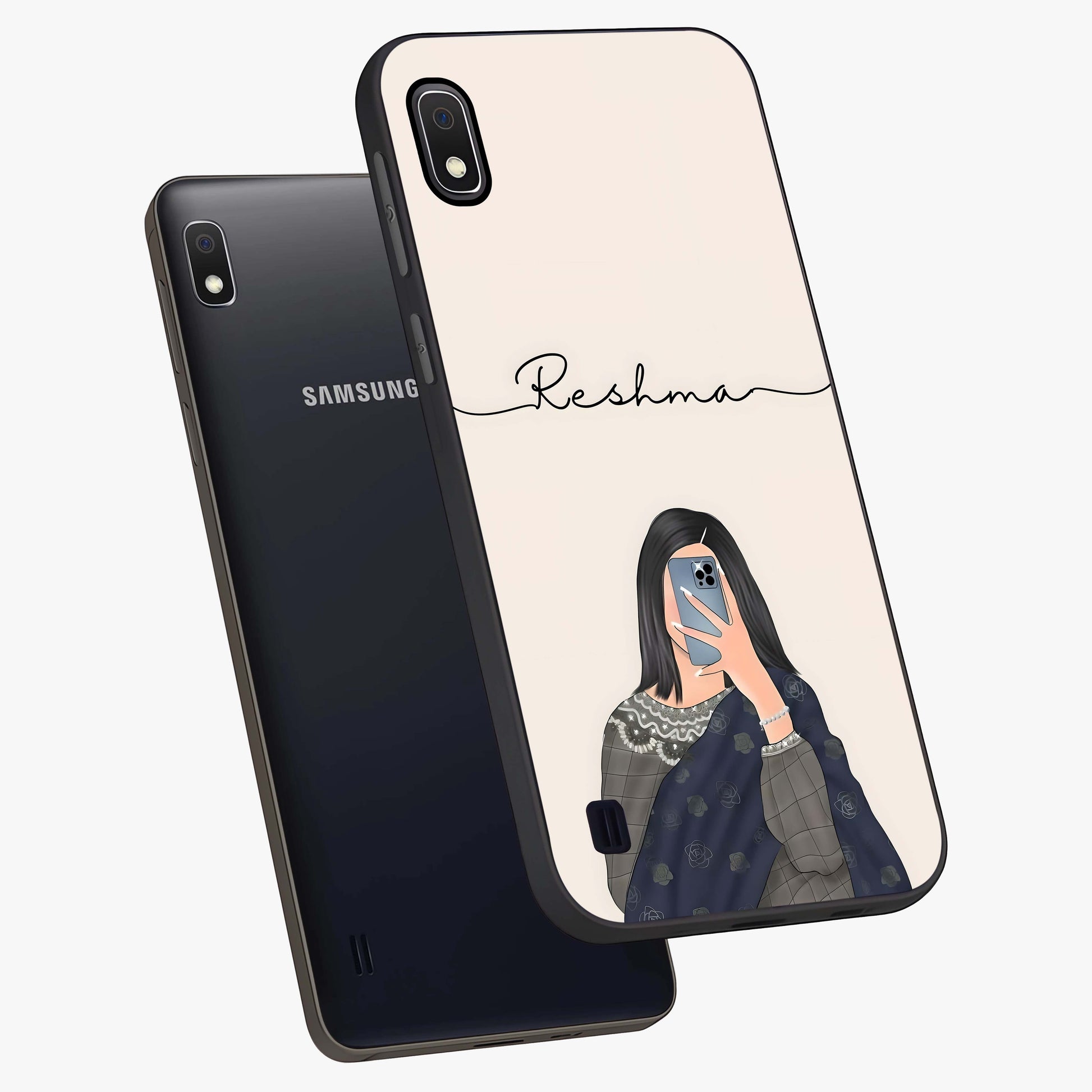 Mirror Mood Muse With Custom Name Glass Case displayed in angled mockup highlighting aesthetic mirror inspired design with custom name feature.