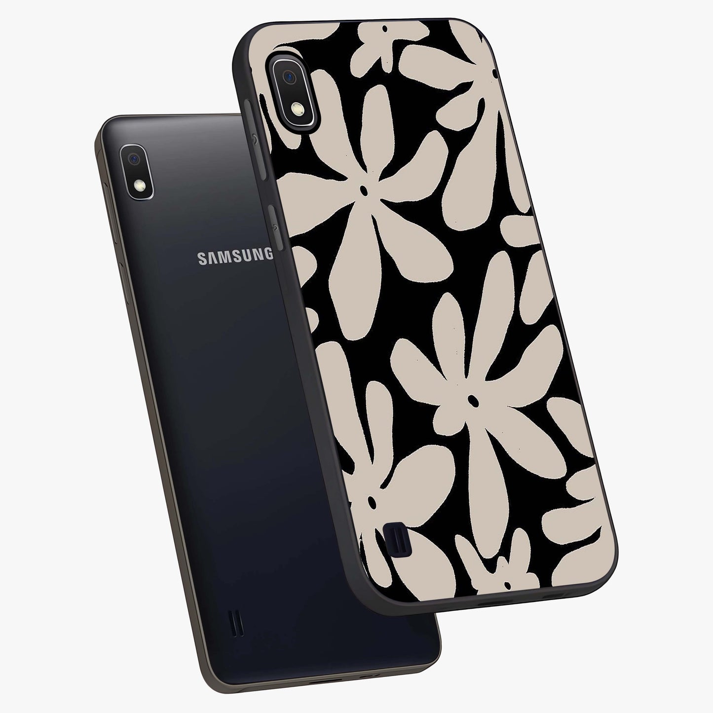 Monochrome Petal Dance Glass Case displayed in angled mockup highlighting elegant petal design with black and white aesthetic.