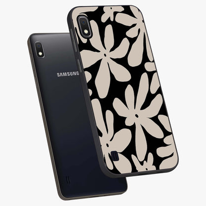 Monochrome Petal Dance Glass Case displayed in angled mockup highlighting elegant petal design with black and white aesthetic.