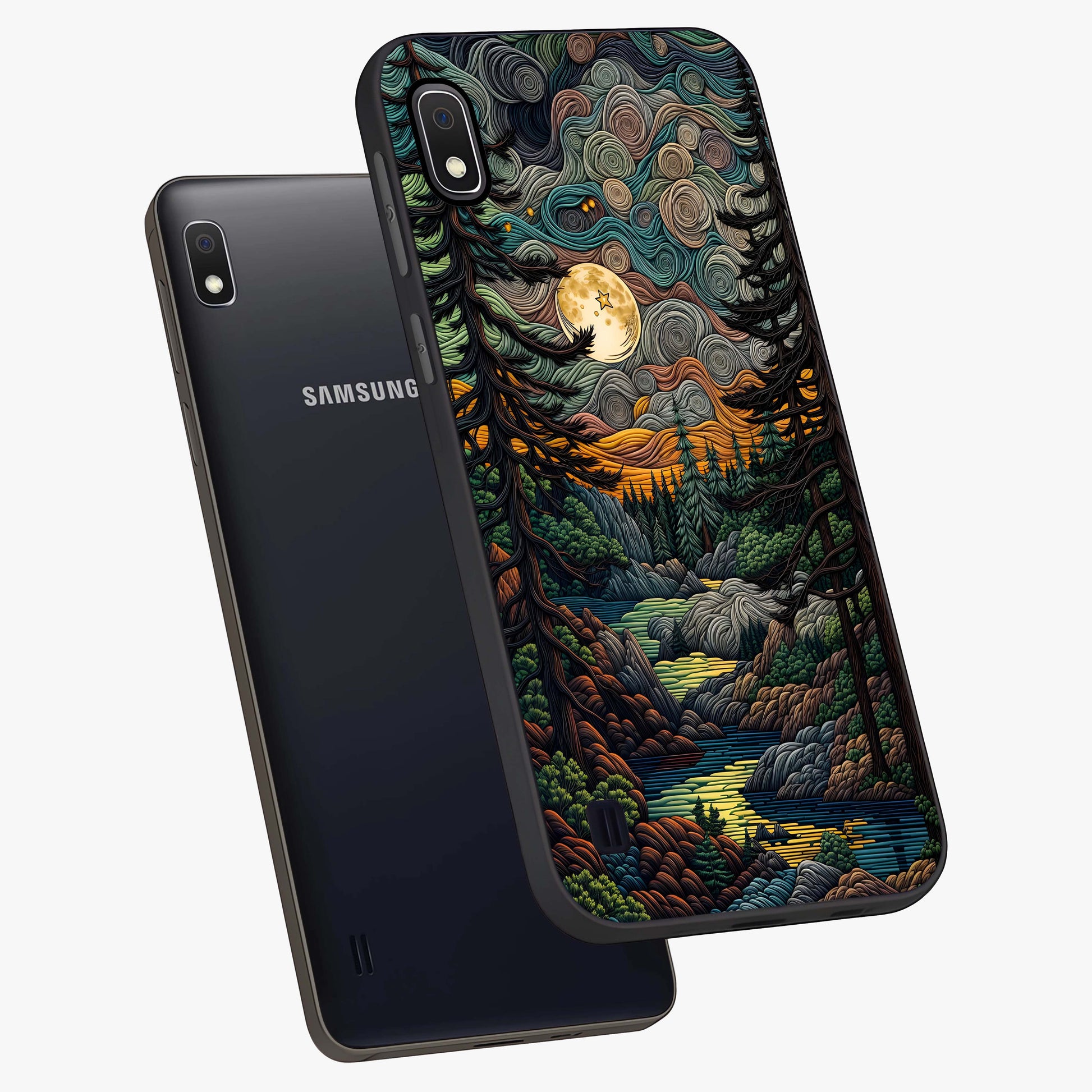 Moonlight Forest Dream Glass Case displayed in angled mockup highlighting dreamy forest design with glowing moon aesthetic.