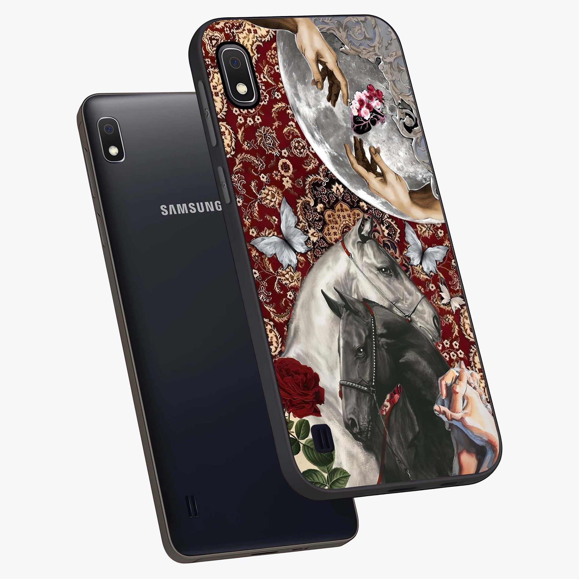 Moonlit Royal Stallion Glass Case displayed in angled mockup highlighting powerful stallion illustration with royal night aesthetic.