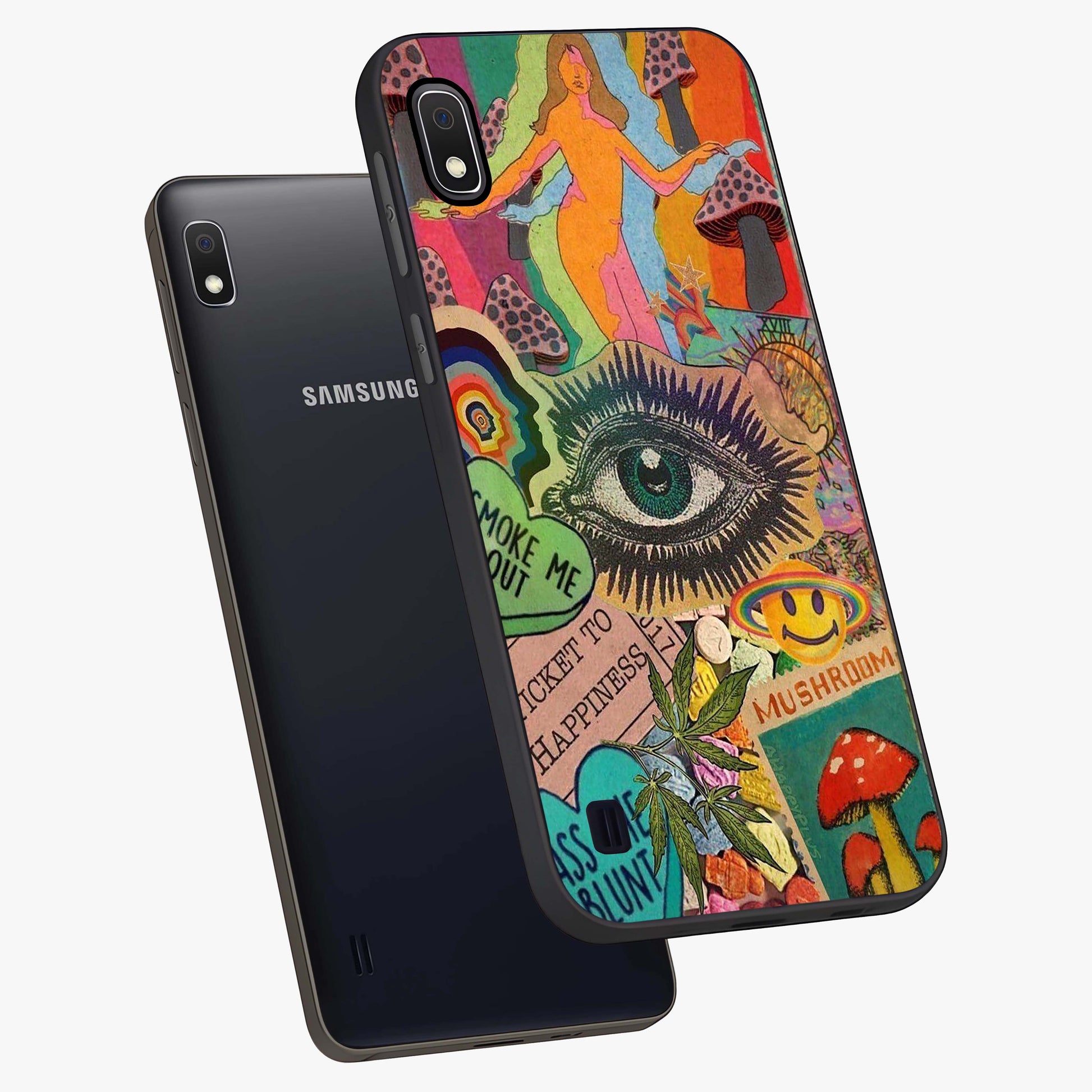 Mystic Eye Wonderland Glass Case displayed in angled mockup highlighting magical eye illustration with dreamy aesthetic.