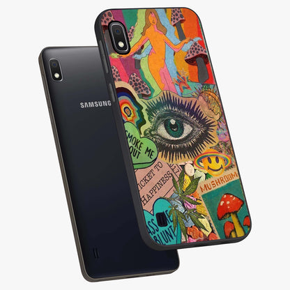 Mystic Eye Wonderland Glass Case displayed in angled mockup highlighting magical eye illustration with dreamy aesthetic.