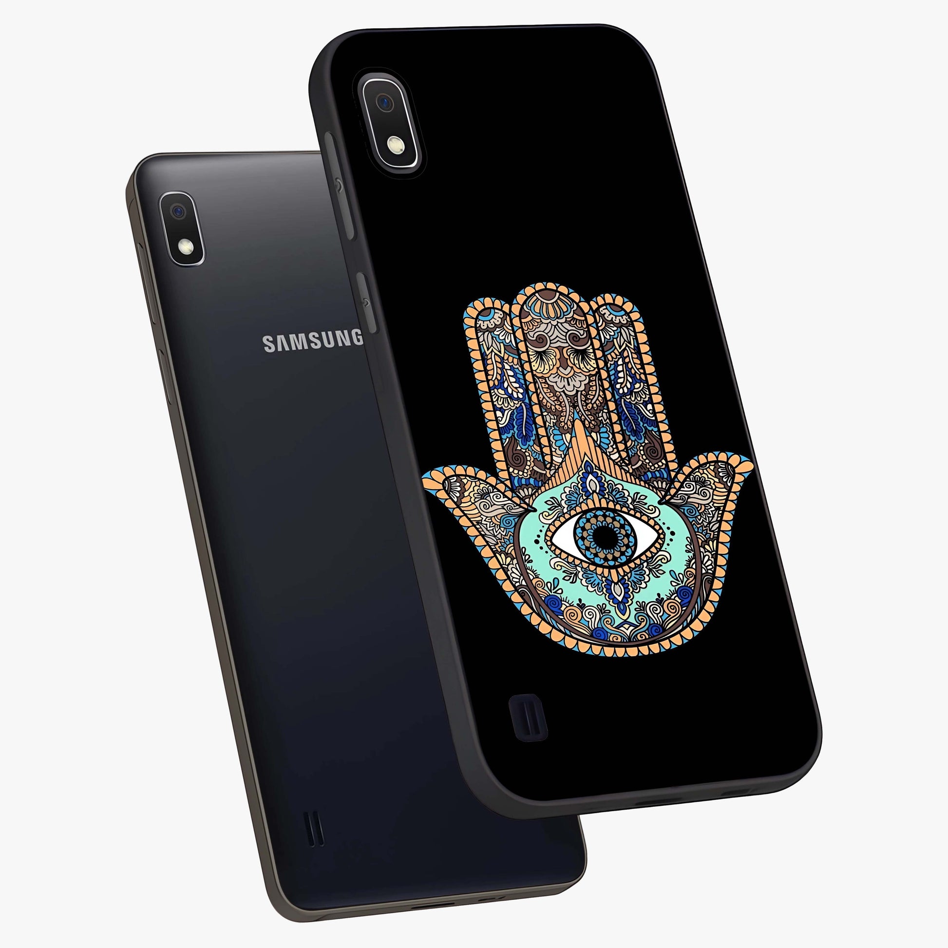 Mystic Hamsa Eye Glass Case displayed in angled mockup highlighting spiritual hamsa symbol with mystical aesthetic style.
