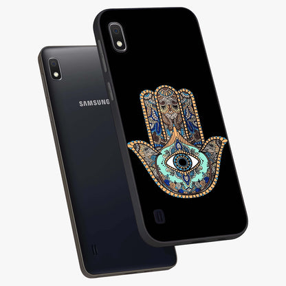 Mystic Hamsa Eye Glass Case displayed in angled mockup highlighting spiritual hamsa symbol with mystical aesthetic style.