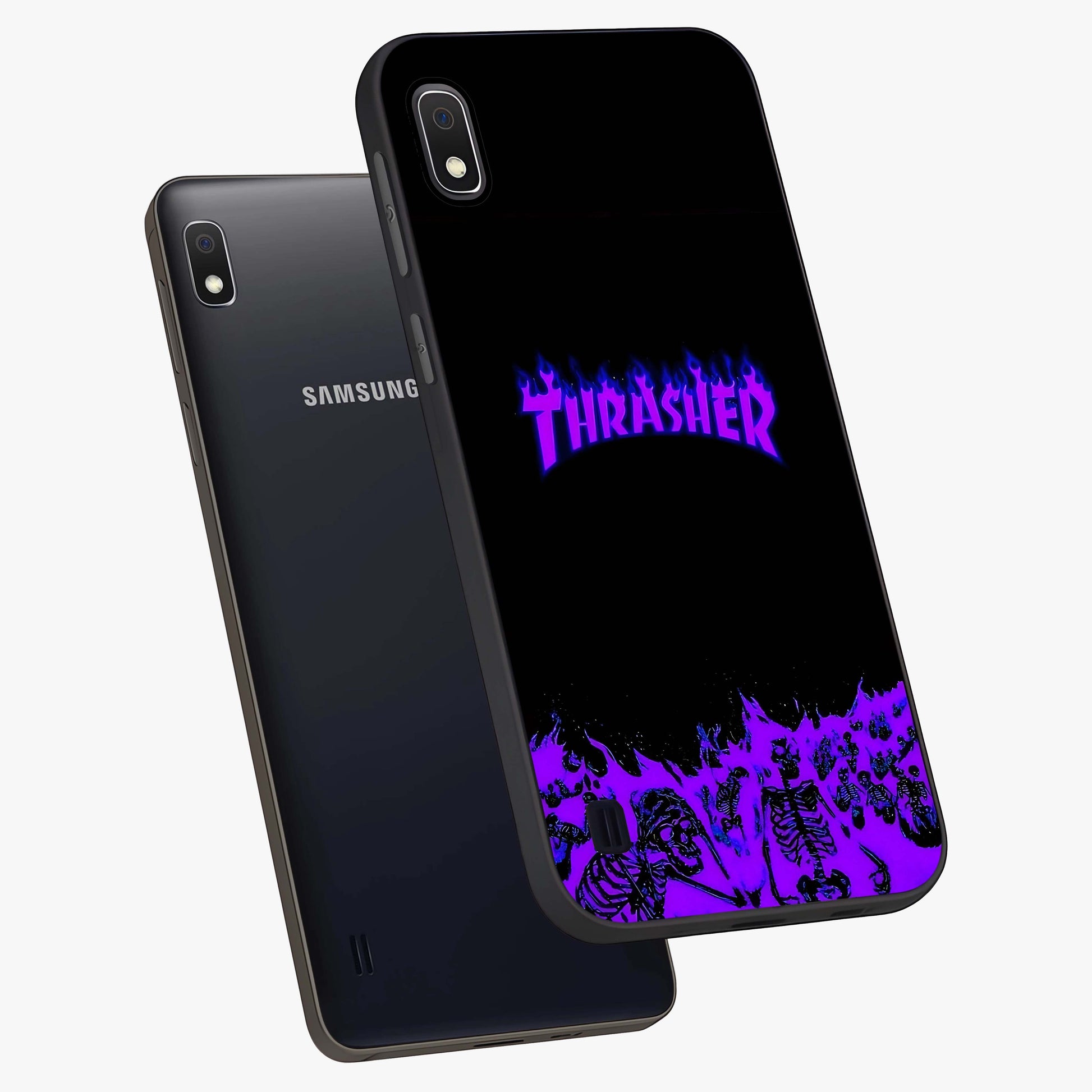 Neon Flame Riot Glass Case displayed in angled mockup highlighting glowing flame design with vibrant neon aesthetic.