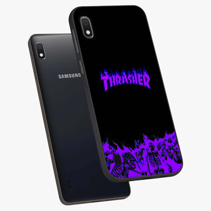 Neon Flame Riot Glass Case displayed in angled mockup highlighting glowing flame design with vibrant neon aesthetic.