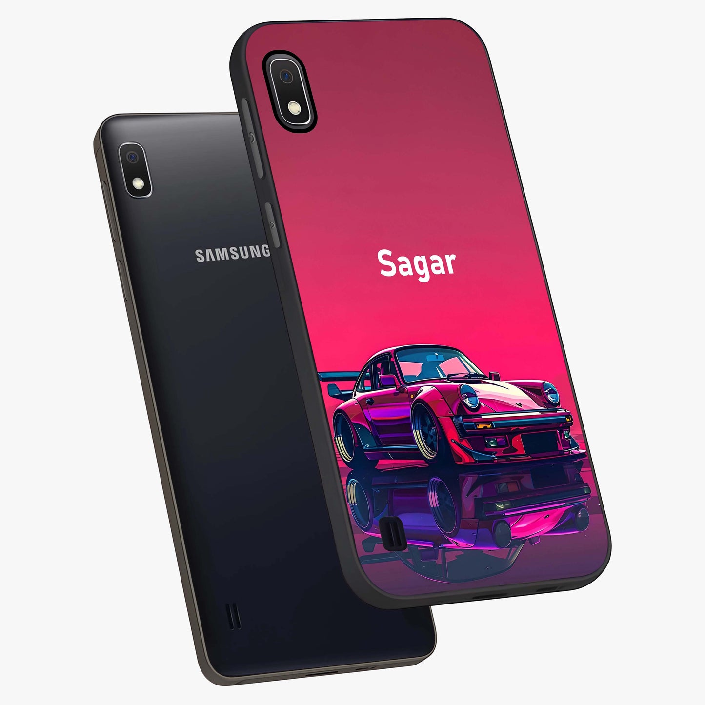 Neon Pink Porsche Glass Case displayed in angled mockup highlighting sleek neon pink car design with racing aesthetic.