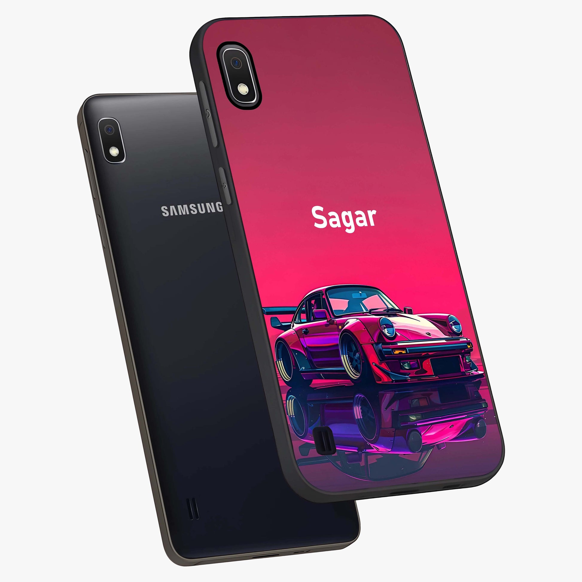 Neon Pink Porsche Glass Case displayed in angled mockup highlighting sleek neon pink car design with racing aesthetic.