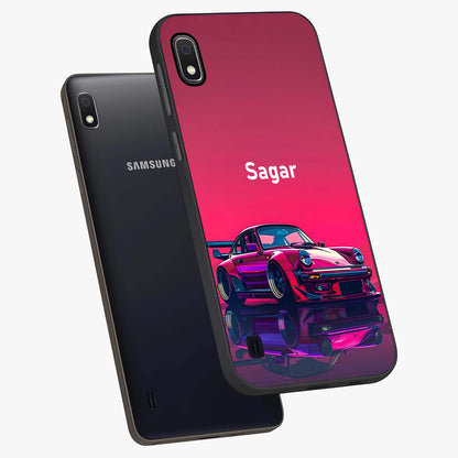 Neon Pink Porsche Glass Case displayed in angled mockup highlighting sleek neon pink car design with racing aesthetic.