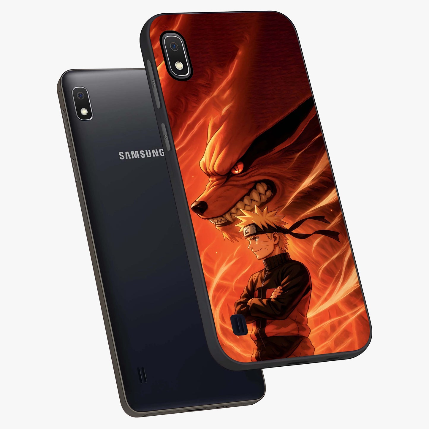 Nine Tails Legacy Glass Case displayed in angled mockup highlighting dynamic anime beast illustration with bold mystical aesthetic.