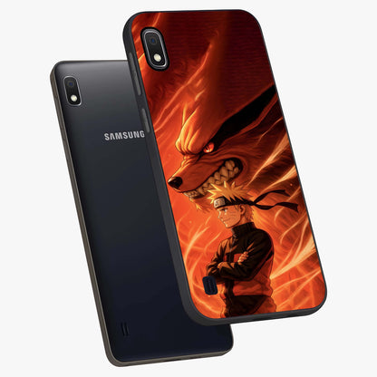Nine Tails Legacy Glass Case displayed in angled mockup highlighting dynamic anime beast illustration with bold mystical aesthetic.