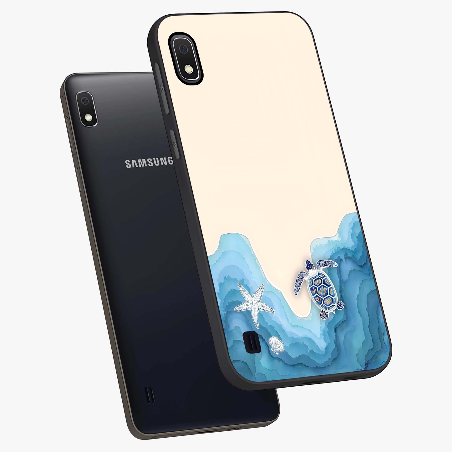 Ocean Drift Turtle Glass Case displayed in angled mockup highlighting peaceful ocean turtle illustration with marine aesthetic.