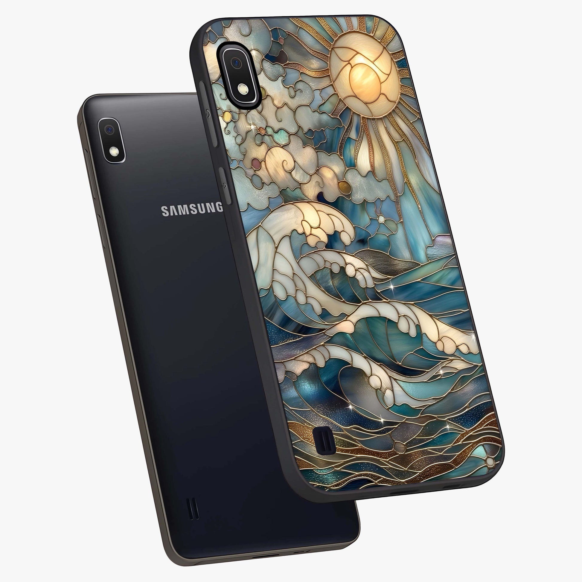 Oceanic Stained Printed Glass Case displayed in angled mockup highlighting colorful aquatic design with artistic aesthetic style.