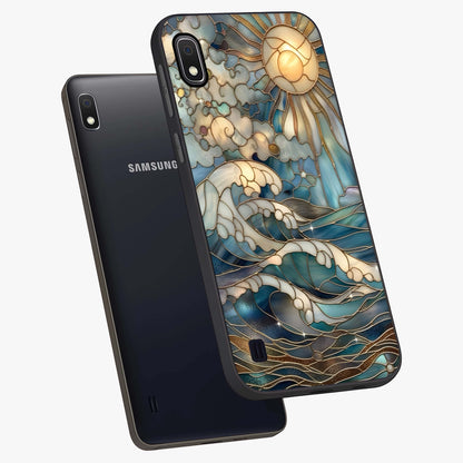 Oceanic Stained Printed Glass Case displayed in angled mockup highlighting colorful aquatic design with artistic aesthetic style.