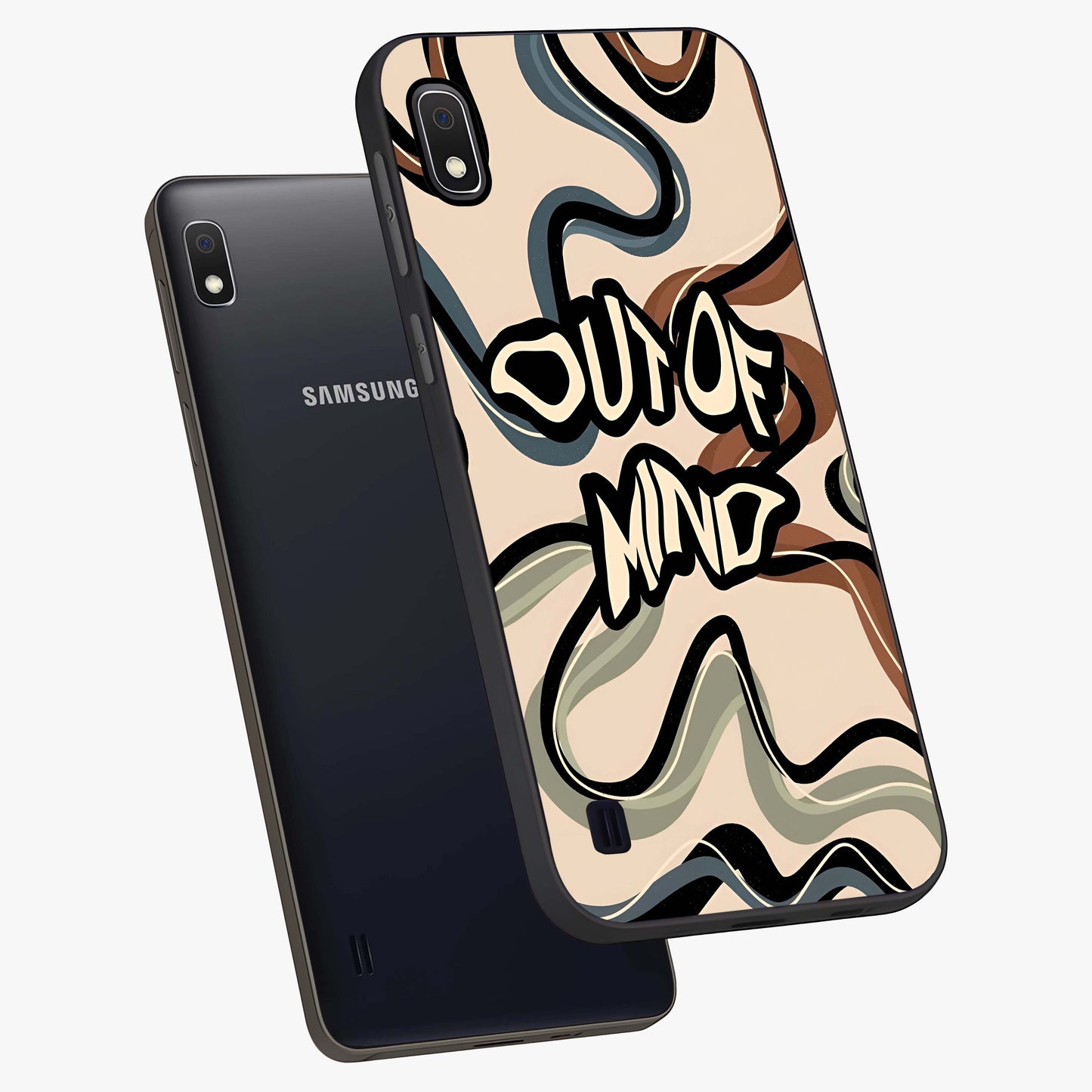 Out Of Mind Glass Case displayed in angled mockup highlighting bold statement design with modern artistic aesthetic.