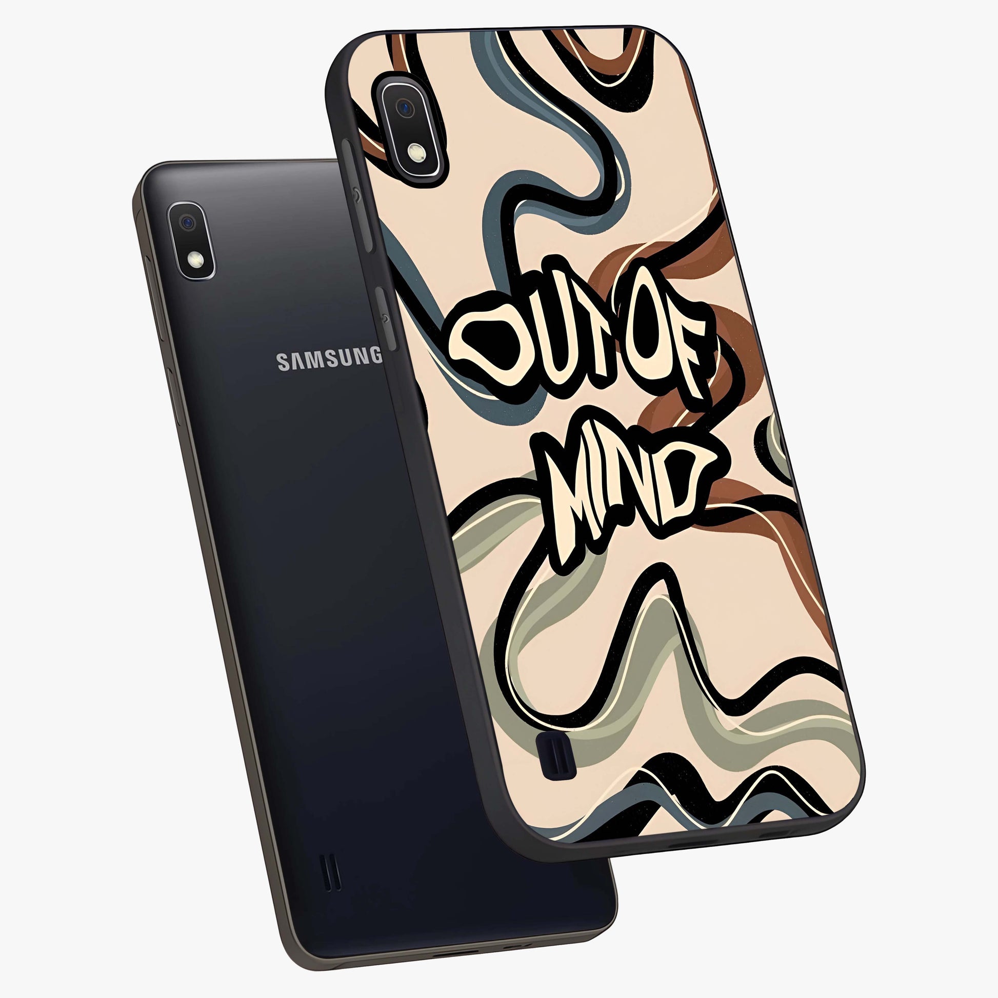 Out Of Mind Glass Case displayed in angled mockup highlighting bold statement design with modern artistic aesthetic.
