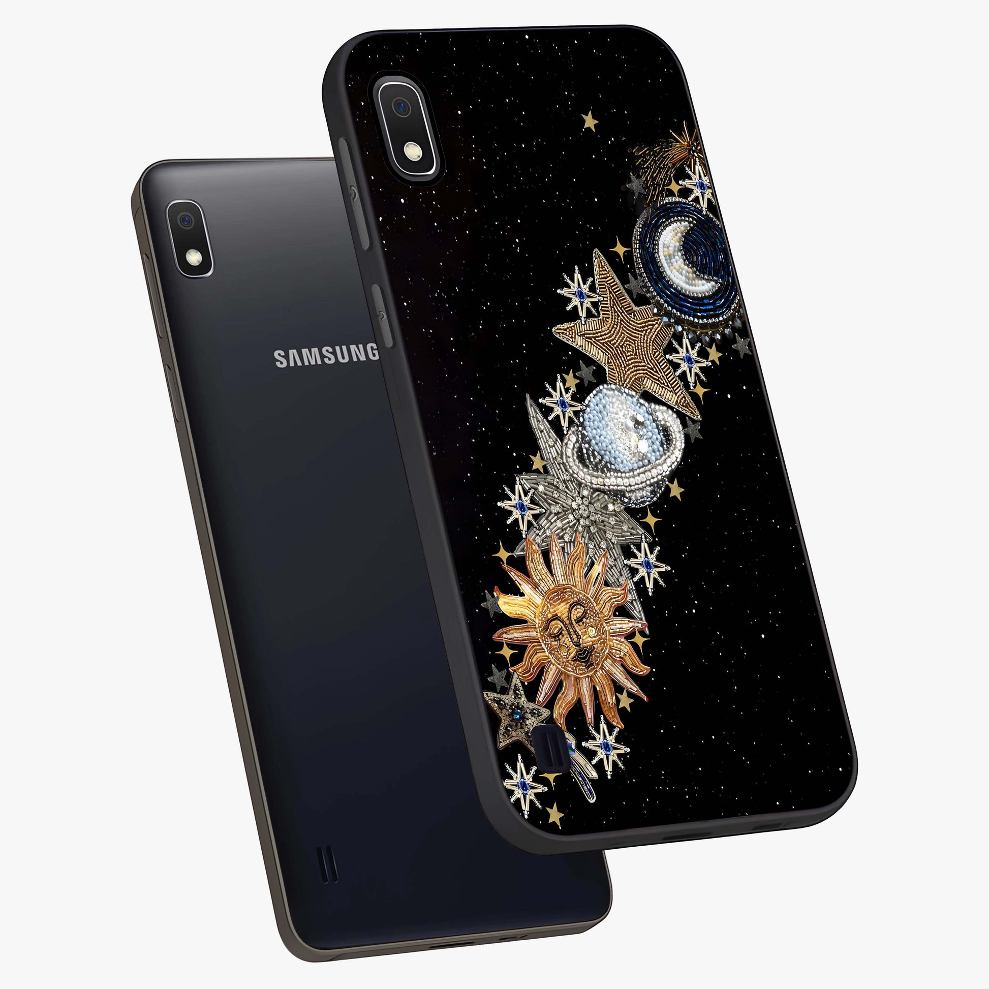 Pearls Universe Object Glass Case displayed in angled mockup highlighting celestial pearl design with dreamy aesthetic.