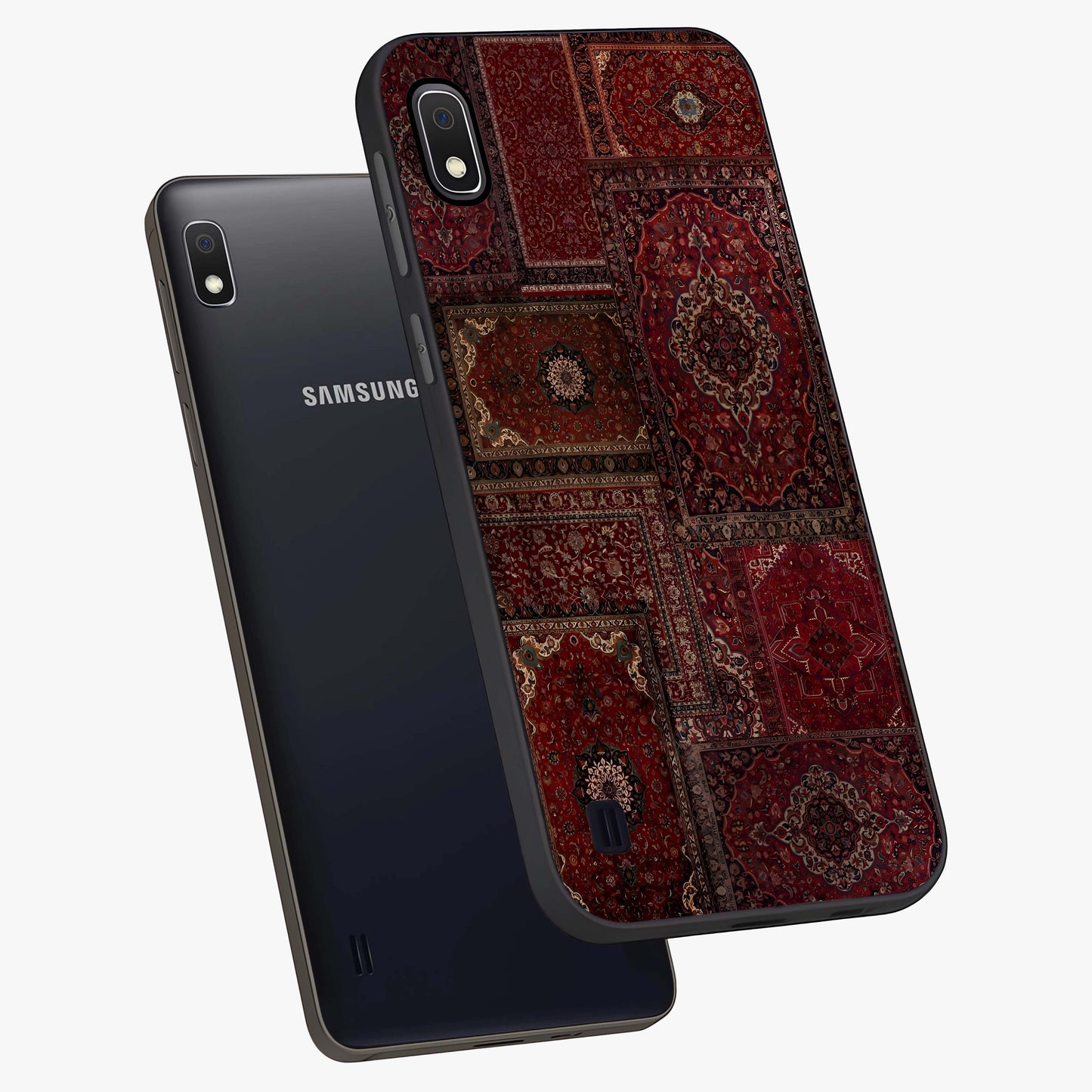 Persian Velvet Tale Glass Case displayed in angled mockup highlighting ornate textile inspired design with royal aesthetic.