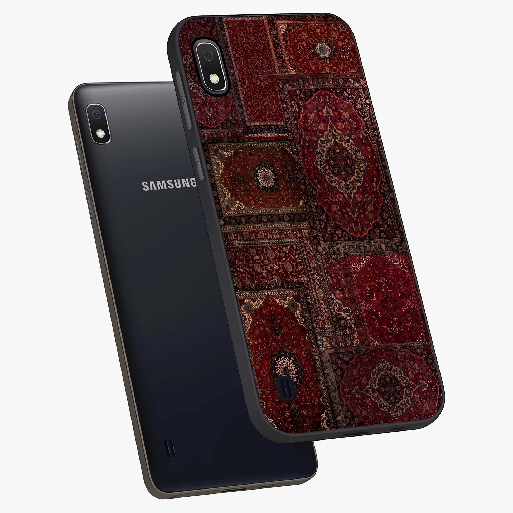 Persian Velvet Tale Glass Case displayed in angled mockup highlighting ornate textile inspired design with royal aesthetic.