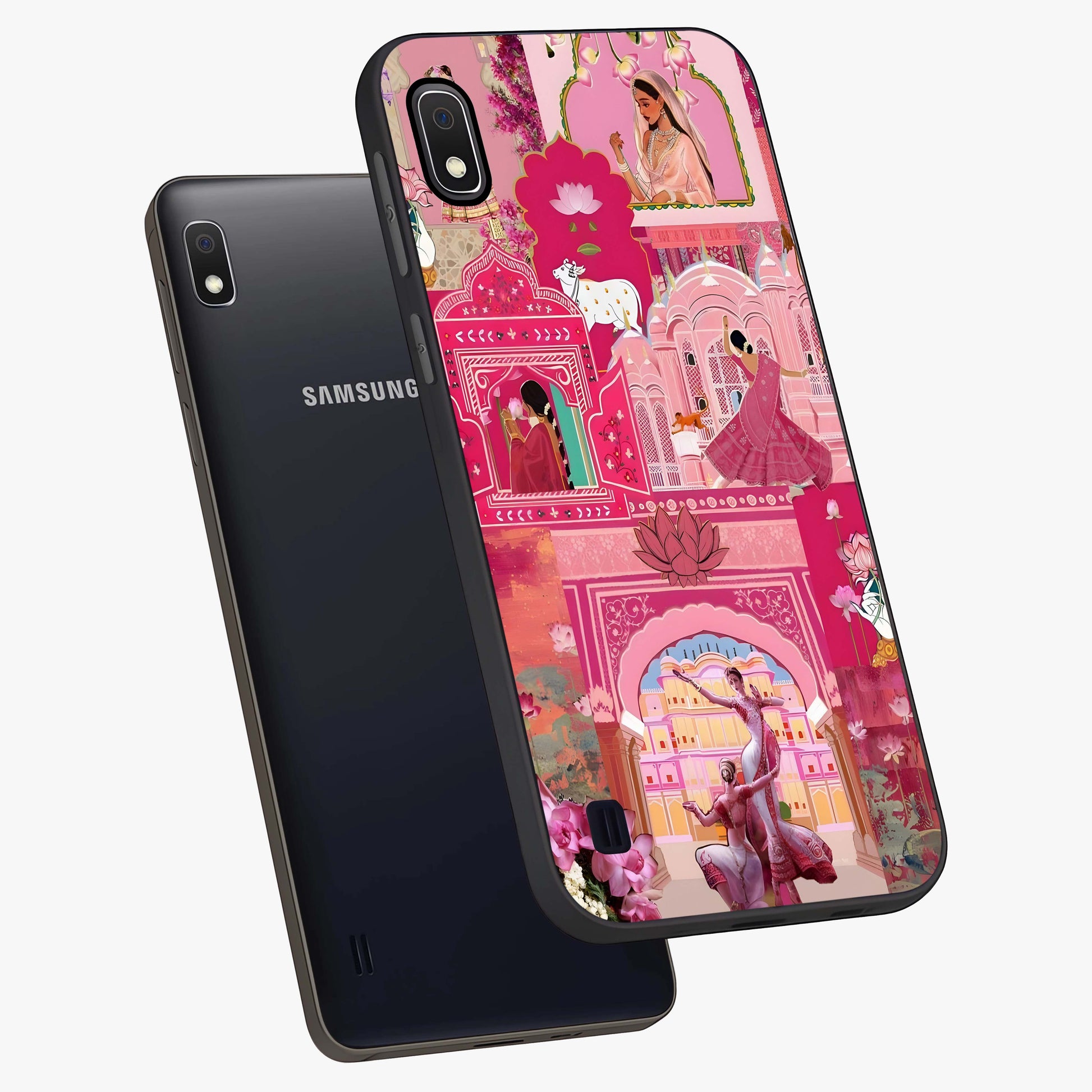 Pink Palace Muse Glass Case displayed in angled mockup highlighting dreamy palace illustration with soft pink aesthetic.