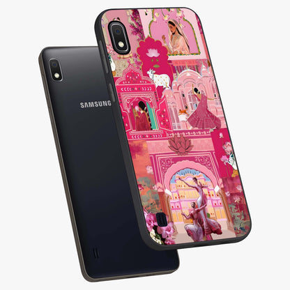 Pink Palace Muse Glass Case displayed in angled mockup highlighting dreamy palace illustration with soft pink aesthetic.