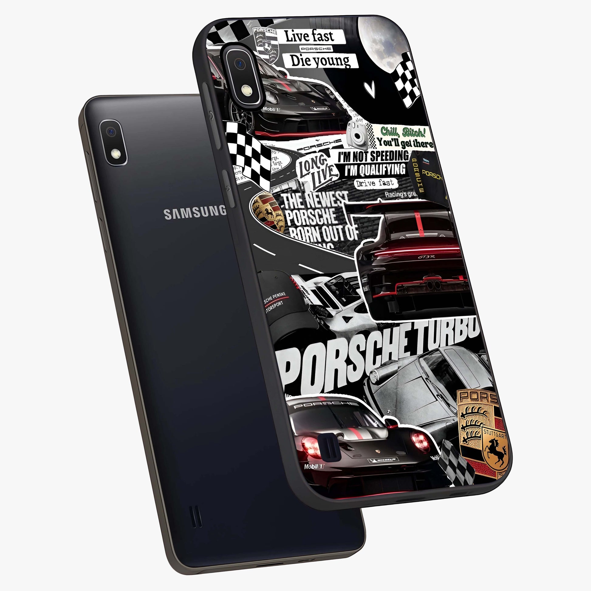 Porsche Racing Collage Glass Case displayed in angled mockup highlighting dynamic automotive design with bold racing aesthetic.