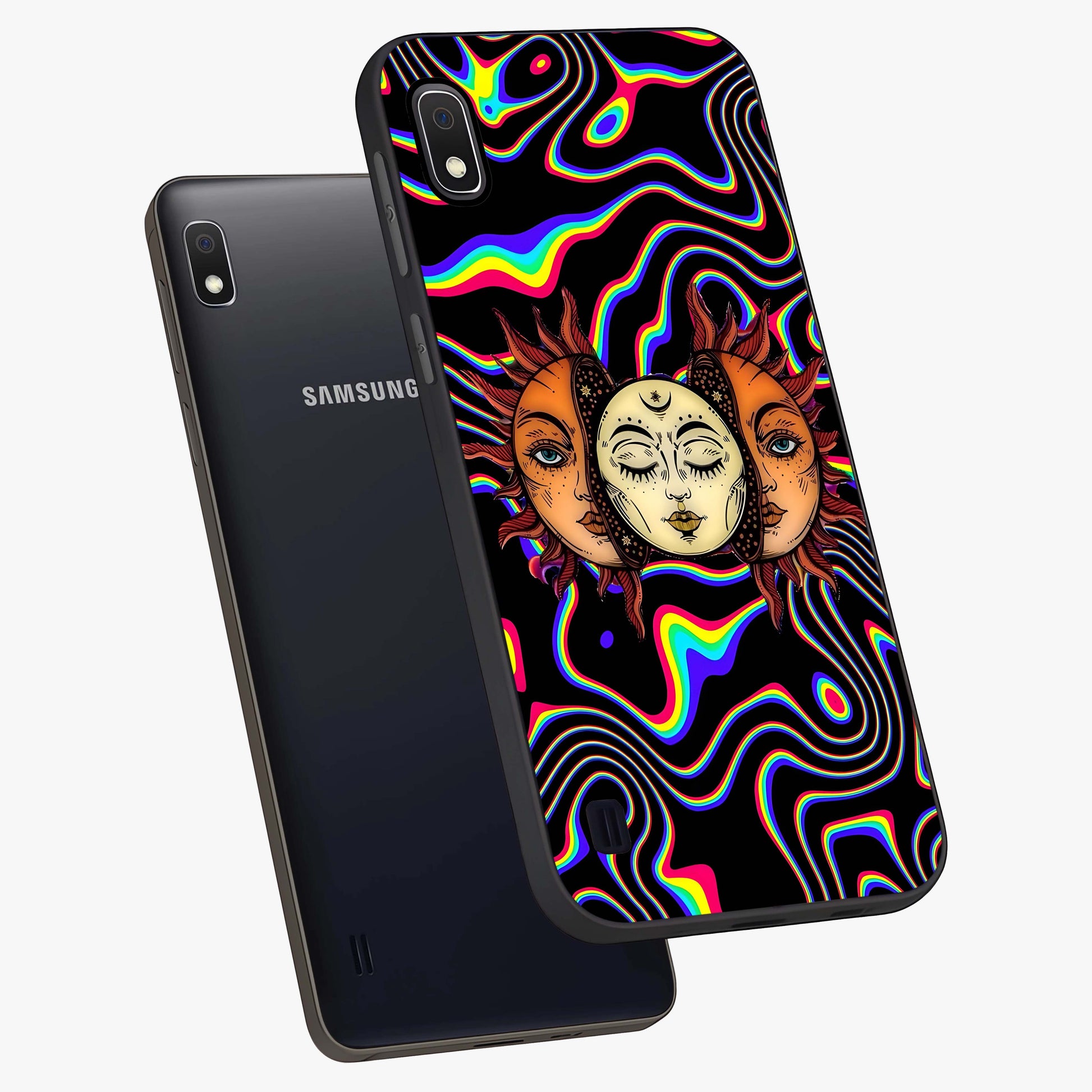 Psychedelic Sun Glass Case displayed in angled mockup highlighting vibrant abstract sun design with artistic aesthetic style.