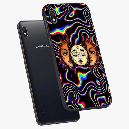 Psychedelic Sun Glass Case displayed in angled mockup highlighting vibrant abstract sun design with artistic aesthetic style.