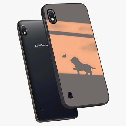 Puppy Shadow Art Glass Case displayed in angled mockup highlighting playful dog illustration with artistic shadow aesthetic.