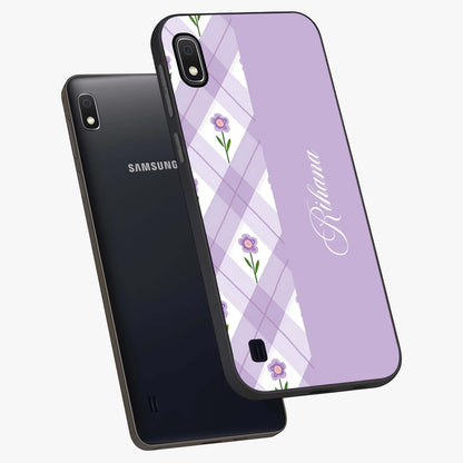 Purple Diamond Floral Glass Case displayed in angled mockup highlighting elegant purple flower design with decorative pattern.