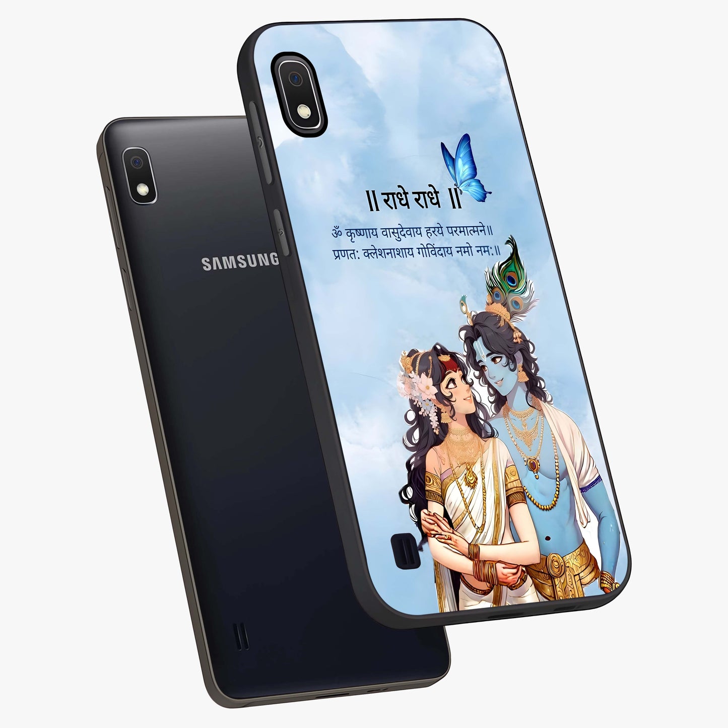 Radha Krishna Eternal Glass Case displayed in angled mockup highlighting divine Radha Krishna illustration with spiritual aesthetic.