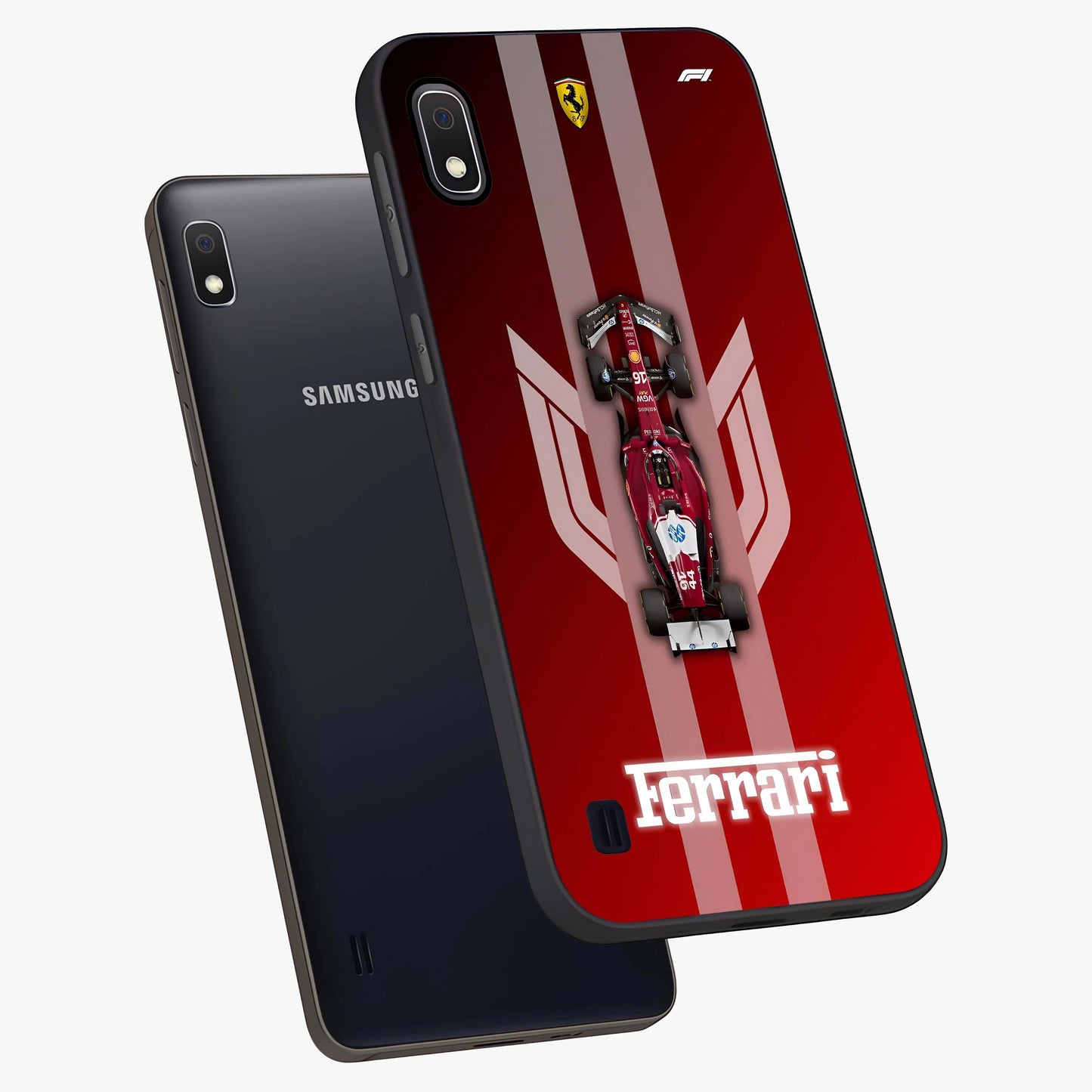 Red Ferrari F1 Vertical Glass Case displayed in angled mockup highlighting high speed racing design with bold automotive aesthetic.