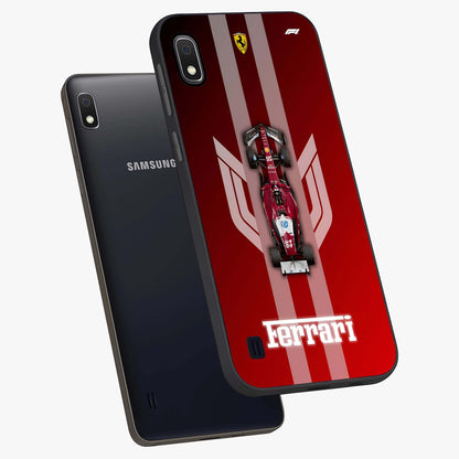 Red Ferrari F1 Vertical Glass Case displayed in angled mockup highlighting high speed racing design with bold automotive aesthetic.