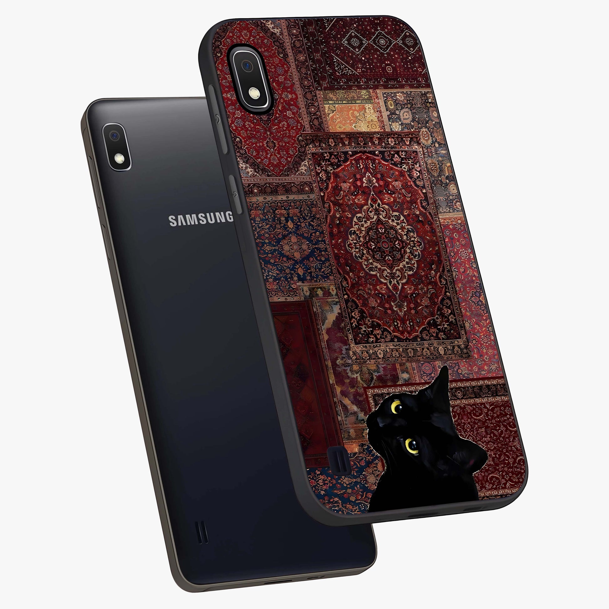 Regal Magic Cat Apple Glass Case displayed in angled mockup highlighting whimsical feline design with fantasy aesthetic.