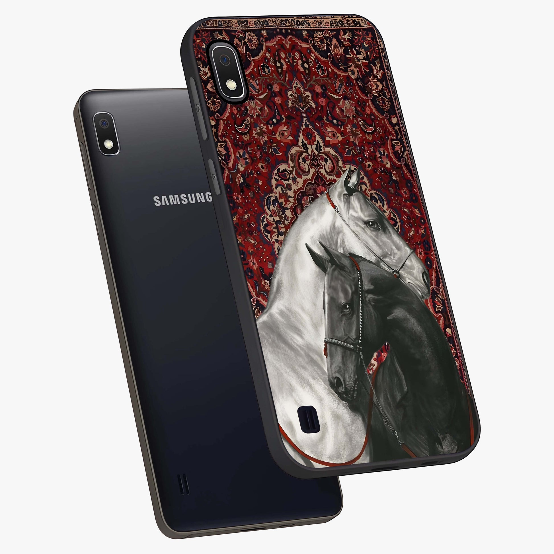 Regal Stallion Tapestry Glass Case displayed in angled mockup highlighting royal stallion design with decorative heritage aesthetic.