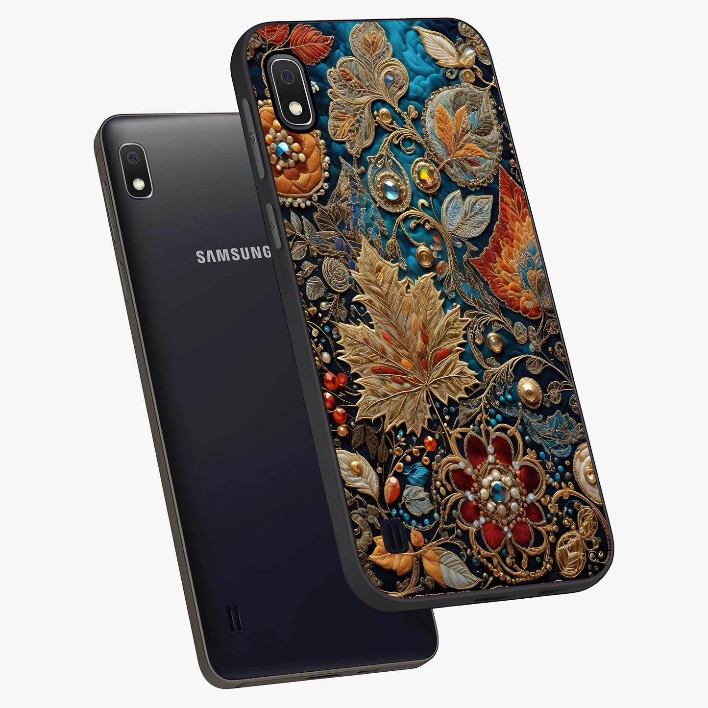 Royal Jewel Garden Glass Case displayed in angled mockup highlighting vibrant jewel inspired floral design with elegant aesthetic.