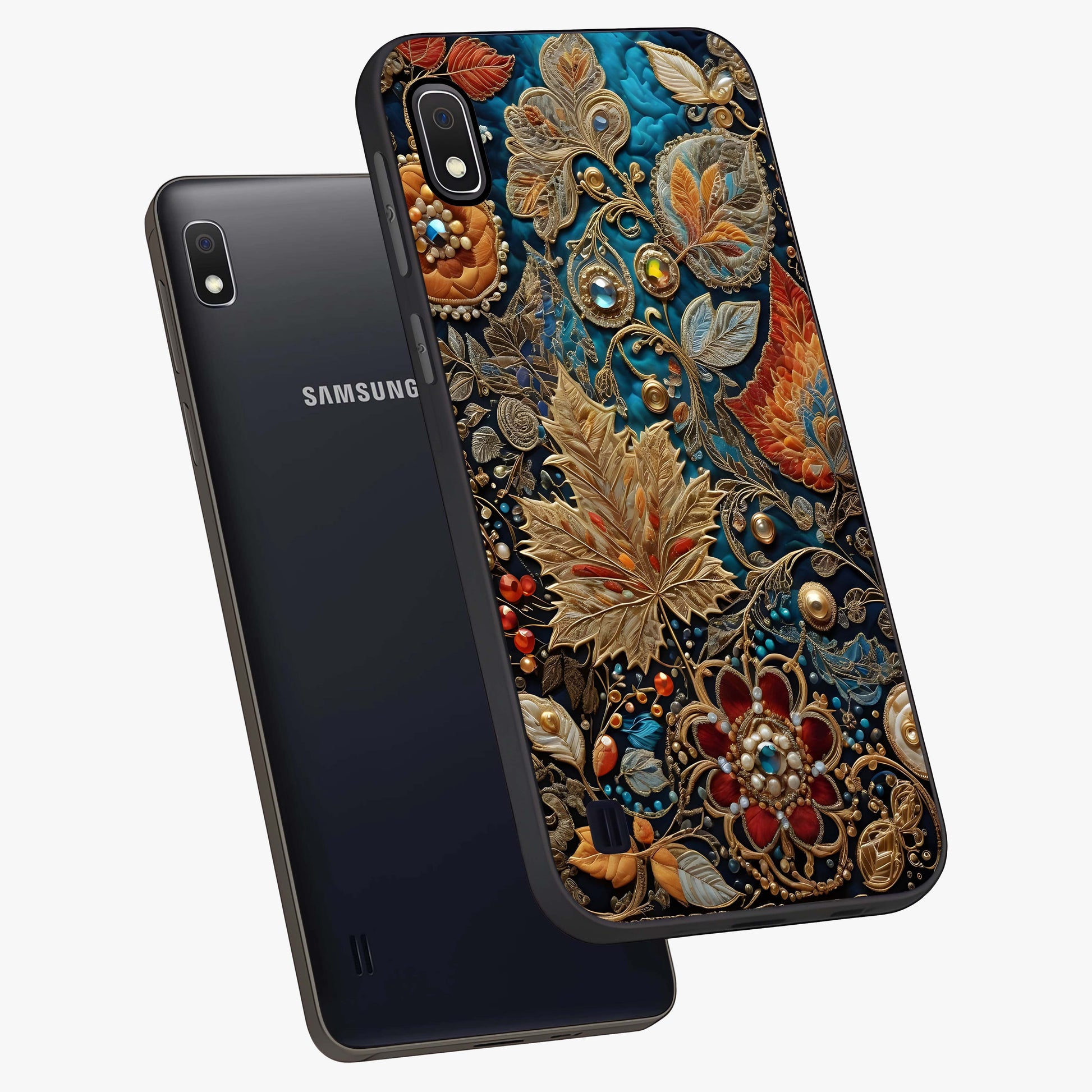 Royal Jewel Garden Glass Case displayed in angled mockup highlighting vibrant jewel inspired floral design with elegant aesthetic.