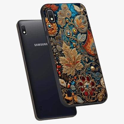 Royal Jewel Garden Glass Case displayed in angled mockup highlighting vibrant jewel inspired floral design with elegant aesthetic.