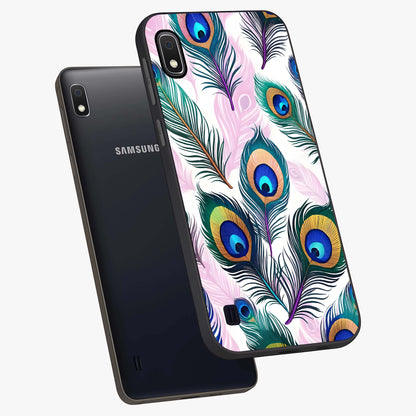 Royal Peacock Feathers Glass Case displayed in angled mockup highlighting vibrant feather pattern with regal aesthetic style.