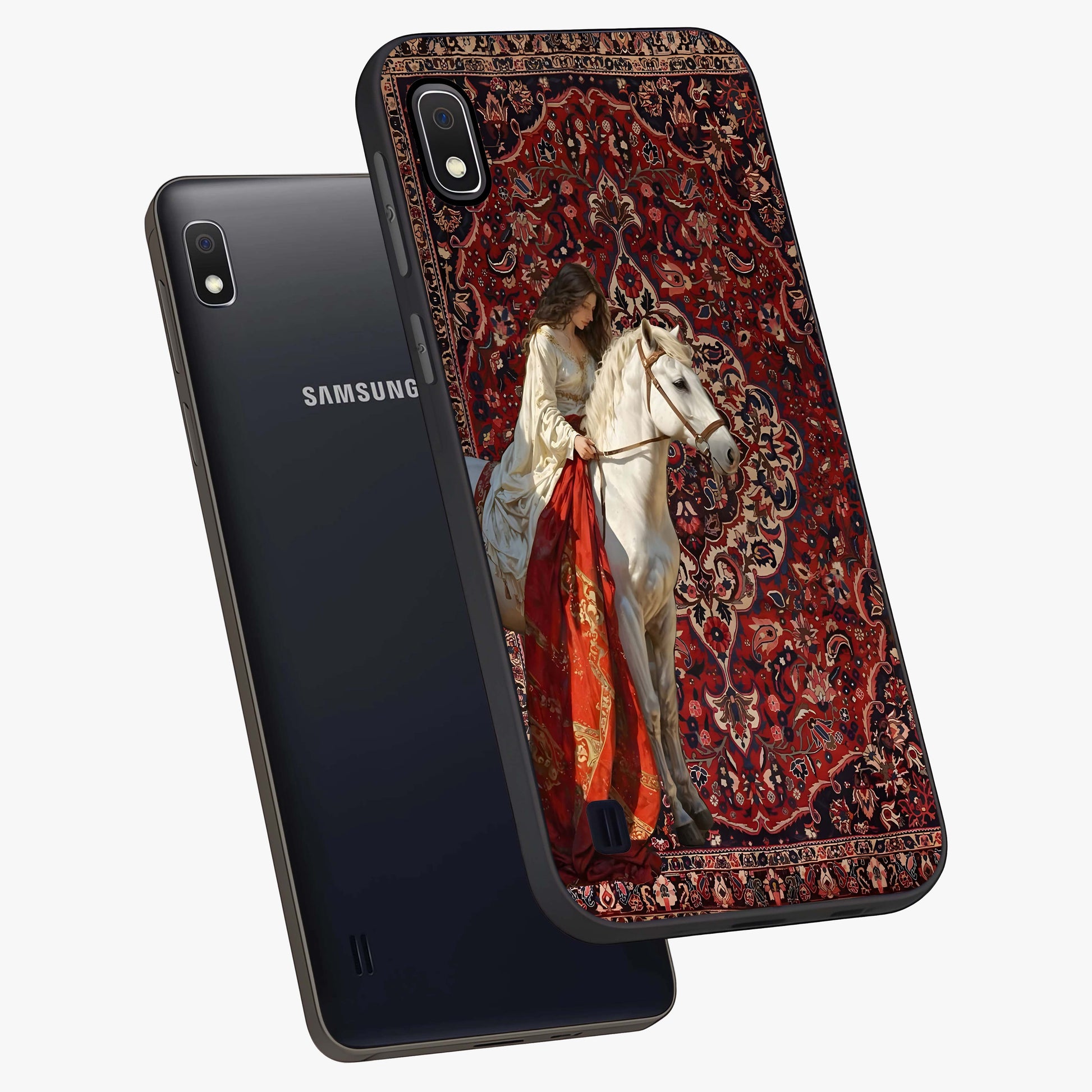 Royal Rider Tapestry Glass Case displayed in angled mockup highlighting traditional tapestry design with royal heritage aesthetic.