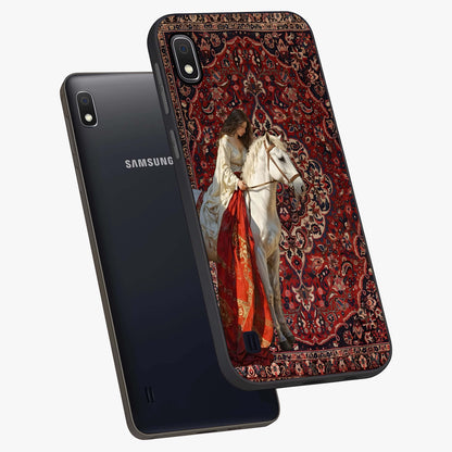 Royal Rider Tapestry Glass Case displayed in angled mockup highlighting traditional tapestry design with royal heritage aesthetic.