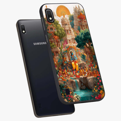 Sacred Sunlight Gods Glass Case displayed in angled mockup highlighting radiant spiritual design with celestial aesthetic.