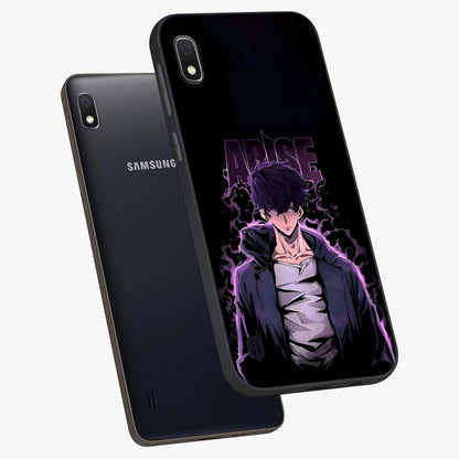 Shadow Monarch Awakening Glass Case displayed in angled mockup highlighting dramatic shadow warrior design with fantasy aesthetic.