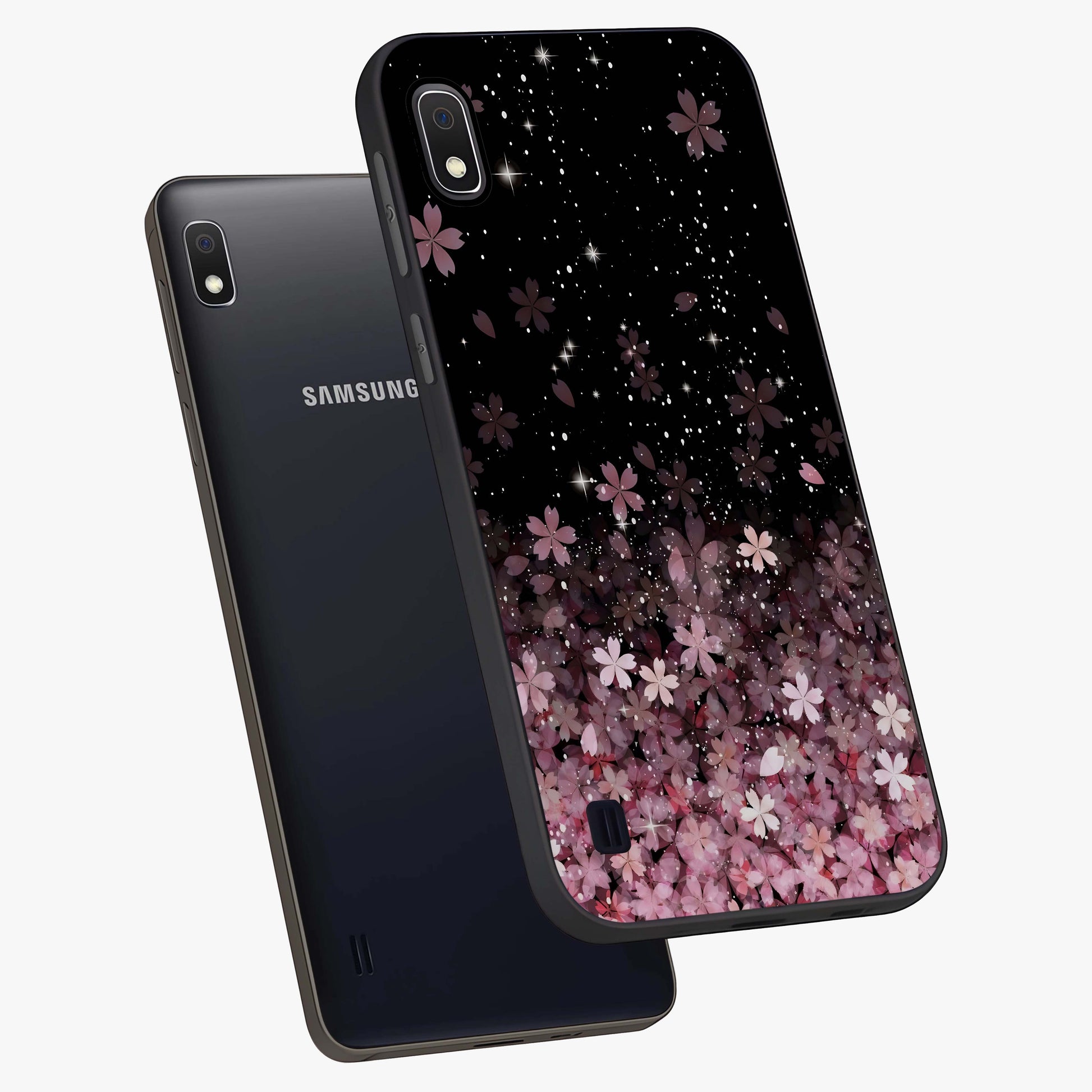 Small Starry Flowers Glass Case displayed in angled mockup highlighting tiny flower pattern with celestial aesthetic style.