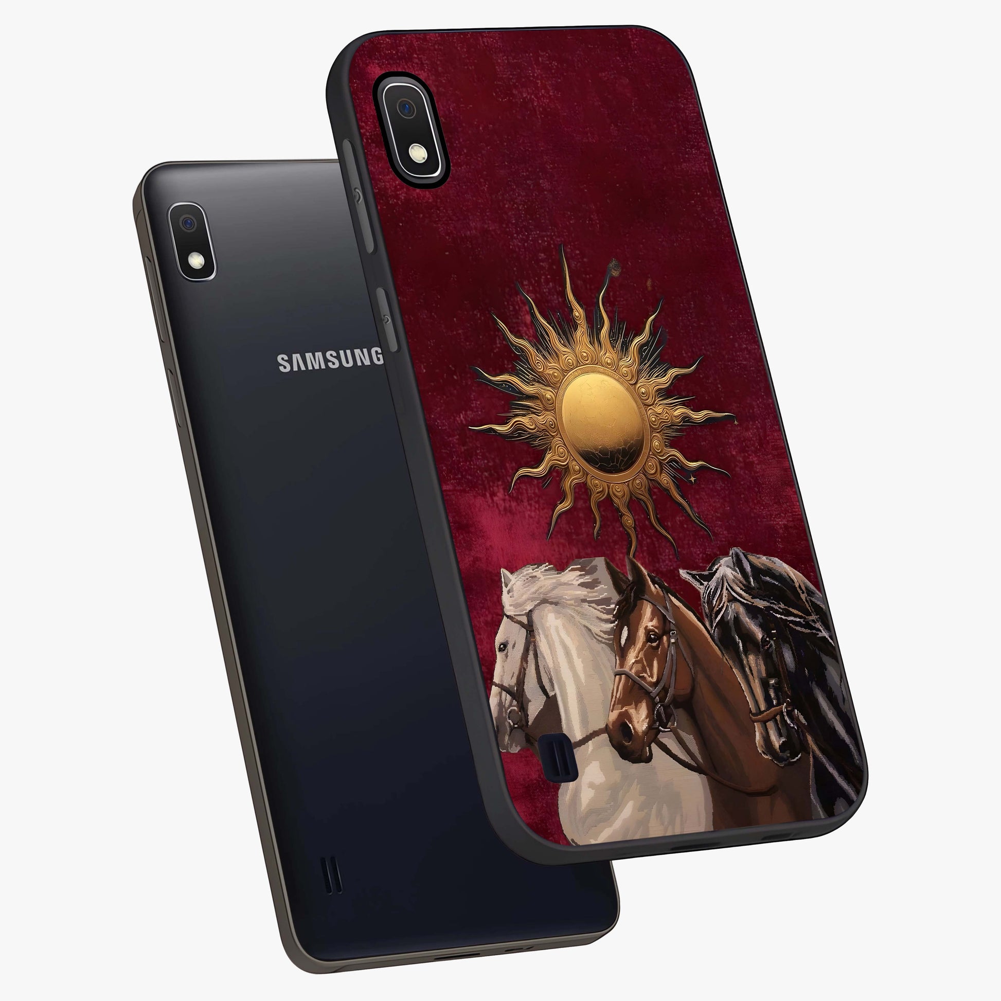 Solar Riders Glass Case displayed in angled mockup highlighting powerful rider illustration with radiant solar aesthetic.